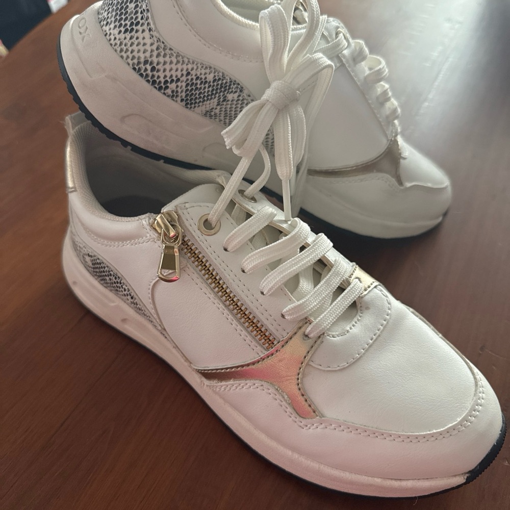 Geox Women's White and Gold Sneakers with Snakeskin Accent